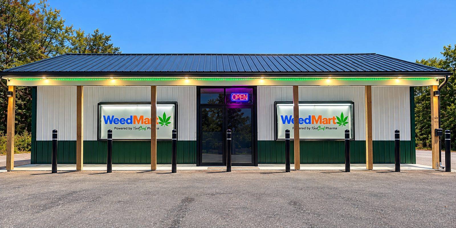 The WeedMart storefront, a white and green building with an OPEN sign and WeedMart signs that say Powered by Next Leaf Pharma